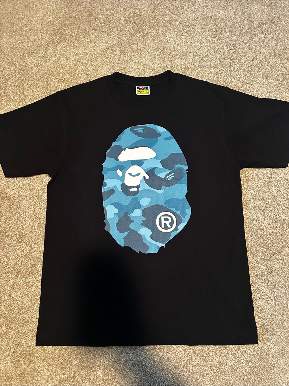 BAPE Black Tee with Blue Camo Ape Head